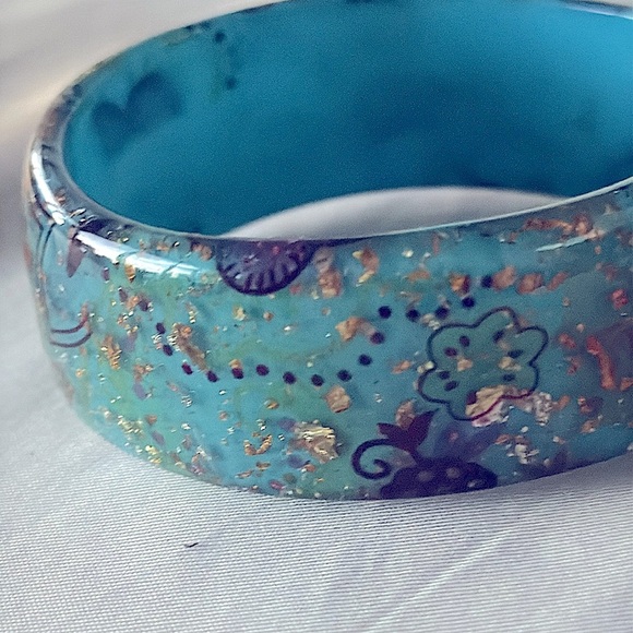 Artisan Teal and Gold Lucite Chunky Bangle Floral Paisley Bracelet Dimensional - Picture 5 of 9